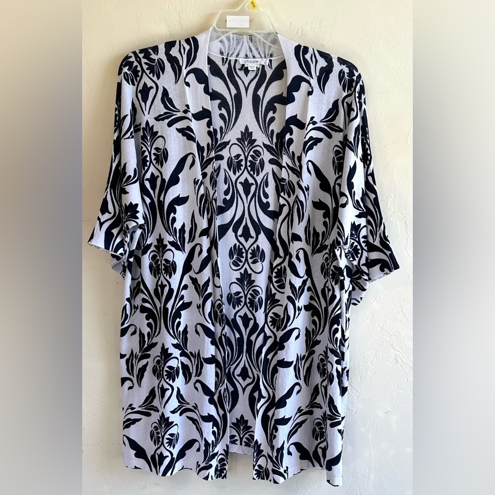 Chico’s Navy/White Floral Kimono Open Front Flowy Lagenlook Cardigan Sz 3 (XL)